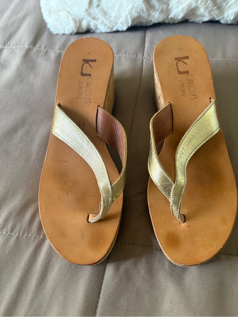 K.Jacques Metallic Gold Leather Wedge Thong Sandals